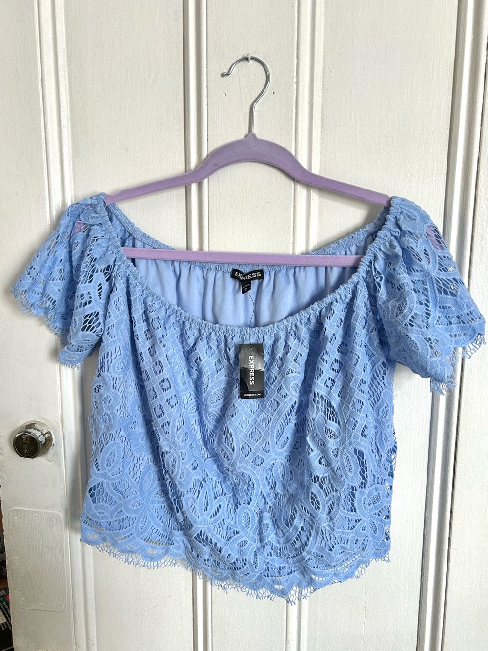 Express Tropical Periwinkle Blue Lace Off The Shoulder Crop  Blouse - NWT